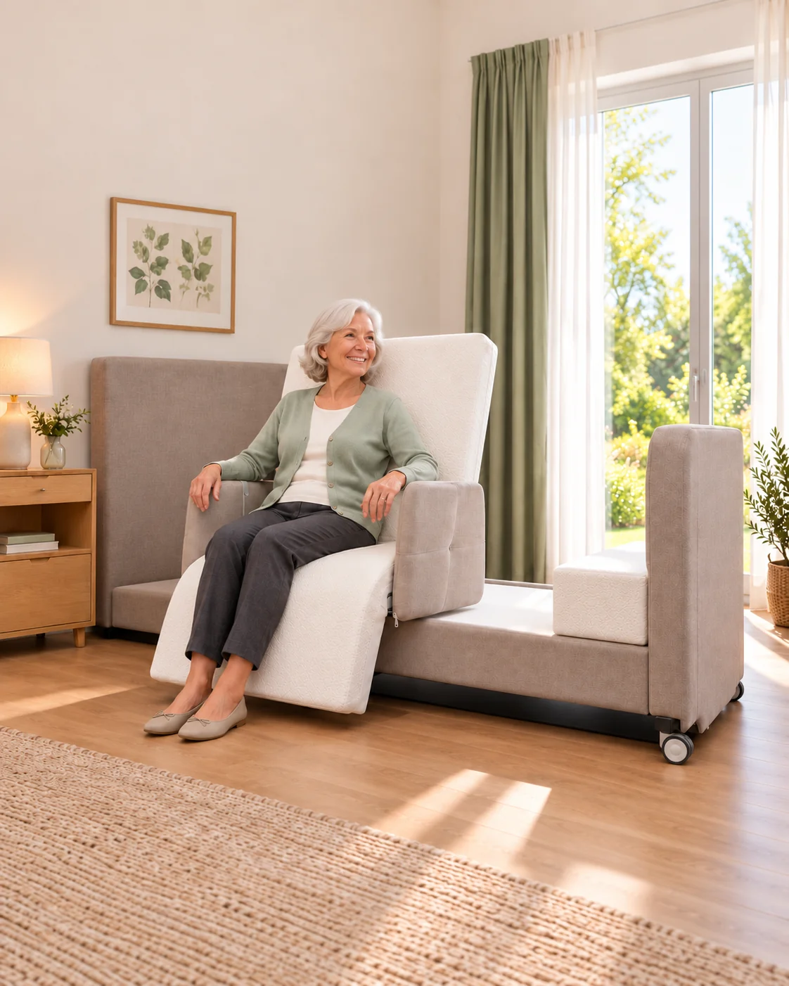 Seniorin auf dem herausgedrehten Aufstehbett BASIC in einem hellen Schlafzimmer